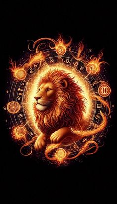 a lion sitting in front of a circle with numbers on it's face and zodiac signs