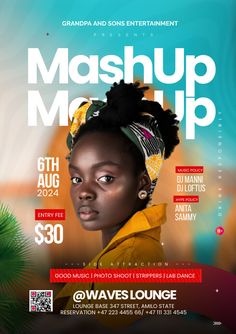 the flyer for mashup moup with an image of a woman's head