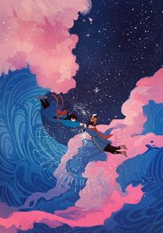 two people flying through the air on top of clouds in front of a star filled sky