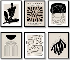 four black and white art prints with abstract shapes on them, each one has a woman's head in the center