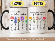 two coffee mugs with different flowers on them, one has the words front and back