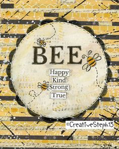 the words bee are written in black and white on a yellow striped background with bees