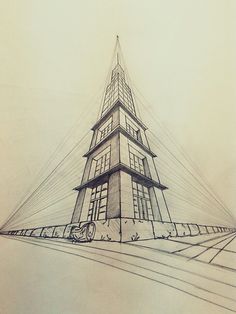 a drawing of a tall building with a clock on it's front and side