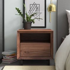 a nightstand with a plant on it next to a bed and a framed photograph above it