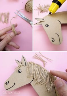 someone is making a horse out of cardboard and string with yarn on the nose, while another person uses a crochet hook to attach it