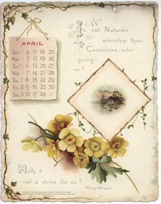 an old fashioned calendar with flowers on it