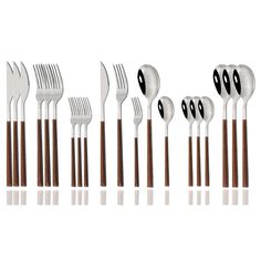 a set of forks and spoons with wooden handles, all in different shapes and sizes