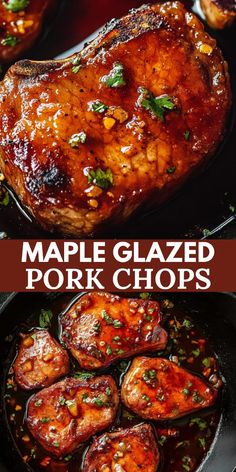 pork chops are being cooked in a skillet with the words maple glazed pork chops