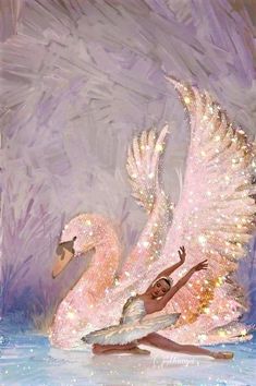 a painting of two swans floating in the water with sparkles on their wings and feet