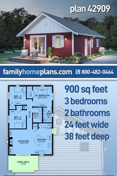 two story house plan with 3 bedroom, 2 bathroom and 1 / 2 bath in the front