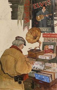 a painting of an old man playing the guitar in front of a record store sign