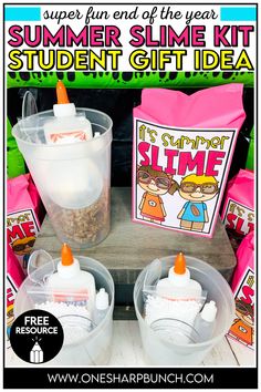 the summer slime kit student stuff idea is displayed in front of two plastic containers