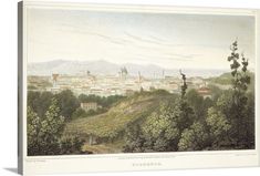 an old painting of a city with trees and hills in the foreground, surrounded by greenery