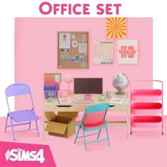 the office set includes two chairs, a desk and a chair with a computer on it