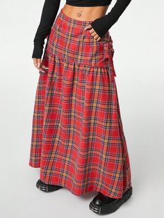 Women's Retro High Waist A-Line  Plaid Skirt Red Casual   Woven Fabric Colorblock,Plaid,Tartan Flared Non-Stretch  Women Clothing, size features are:Bust: ,Length: ,Sleeve Length: Tartan Skirt, Funky Outfits, Upcycled Fashion, Ethnic Dress, 60s Fashion, Plaid Skirt, Plaid Skirts, Style Retro, Beautiful Outfits