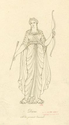 a drawing of a woman with a bow and arrow in her hand, holding a staff