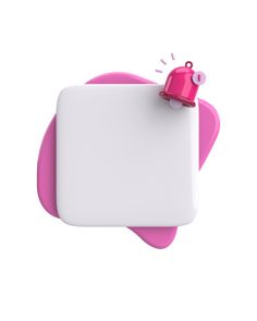 a pink and white square object with a red bell on it's end,