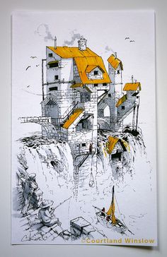 a drawing of a house on top of a cliff