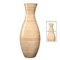 a large wooden vase sitting on top of a white floor next to a smaller one