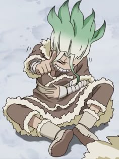 a cartoon character sitting on the ground with green hair