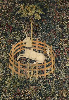 an image of a unicorn on a fence in the middle of flowers and trees with foliage