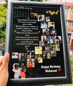 a person holding up a framed photo with pictures on it and the words happy birthday mahreani