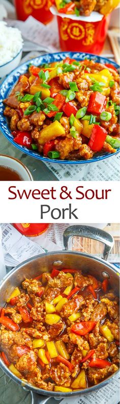 sweet and sour pork with peppers in a pan