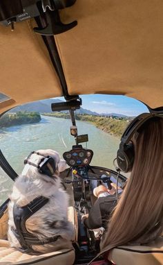 a dog is sitting in the cockpit of a small plane with its headphones on