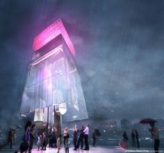 a group of people standing around in the rain with umbrellas and an illuminated building