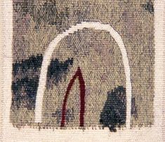 an abstract painting with white arches and trees in the background, on a beige ground