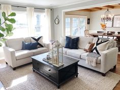 a living room with two couches and a coffee table in front of a window