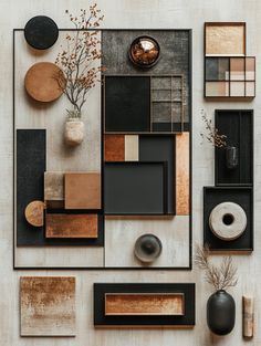 an assortment of different shapes and sizes of objects on a white surface with wood accents