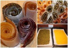 several different types of food are shown in three pictures, one is rolled up and the other has been prepared