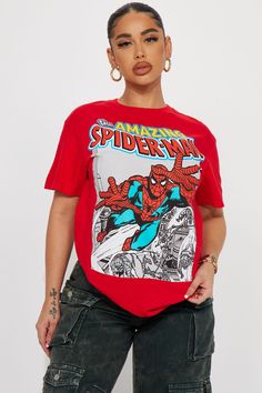 The Amazing Spiderman Graphic Tshirt - Red | Fashion Nova, Screens Tops and Bottoms | Fashion Nova Spiderman Graphic, Spiderman Outfit, The Amazing Spiderman, Spiderman Shirt, Women's Graphic Tees, Superhero Shirt, Red T Shirt, White People, Cute Comfy Outfits