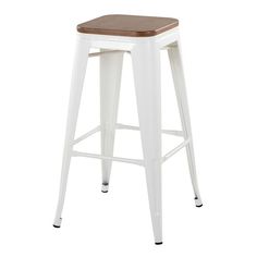 a white metal stool with wooden seat