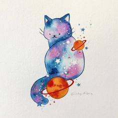 a watercolor painting of a cat sitting on top of an orange and blue planet