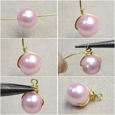 how to make wire wrapped earrings with pink pearls and gold plated hooks, step by step