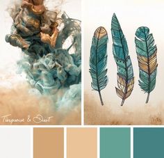 the color palette is teal, brown and blue with feathers on it in different colors