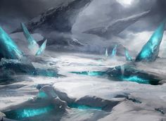 an artistic painting of ice and snow with mountains in the background