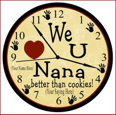 a clock with the words we love you nana and handprints on it