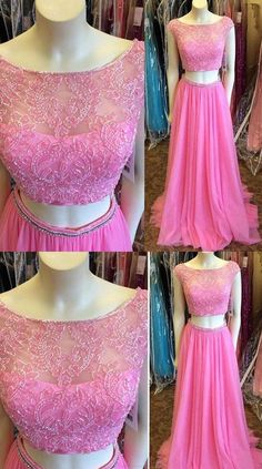 Two Piece Prom Dresses, Two Piece Evening Dresses, Short Sleeve Prom Dresses, Dresses Two Piece, Two Piece Dresses, Princess Evening Dress, Prom Dresses Pink, Two Piece Prom, Pink Chiffon Dress