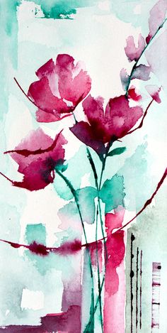 watercolor painting of pink flowers in a vase