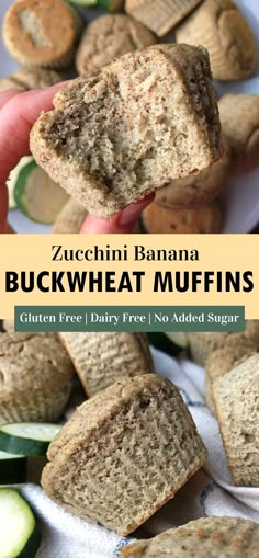 zucchini banana buckwheat muffins on a plate with cucumbers