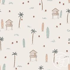 a wallpaper with palm trees, surfboards and houses on the beach in pastel colors