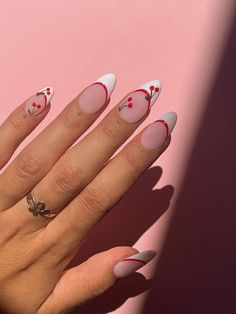 French tip nails with cherry nail art Cherry Nails, Red Nail, Acrylic Nails Coffin, Summer Nail, French Tip Nails