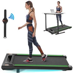 a woman is walking on a treadmill with an electronic monitor and wristbands