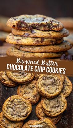 one image shows five cookies stacked on each other on a wooden board. the second image shows a few cookies on a black baking sheet. Browned Butter Chocolate Chip Cookies, Brown Butter Chocolate Chip Cookies, Pinwheel Recipes, Cookies Easy, Browned Butter, Chocolate Cookie Recipes, Chocolate Chip Recipes, Chocolate Chunk Cookies, Easy Baking Recipes Desserts