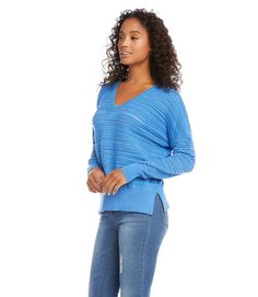 Richly textured yarns create this lux jacquard knit pullover featuring mixed-scale stripes. Eyelet Sweater, Blue Knit Sweater, Jacquard Sweater