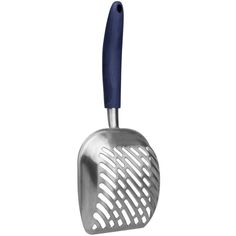 a metal spatula with a blue handle