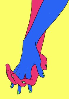 two hands are holding each other in blue and pink